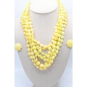 Vintage 1950s Yellow Lucite Necklace Earrings Set Hong Kong 8 Strand